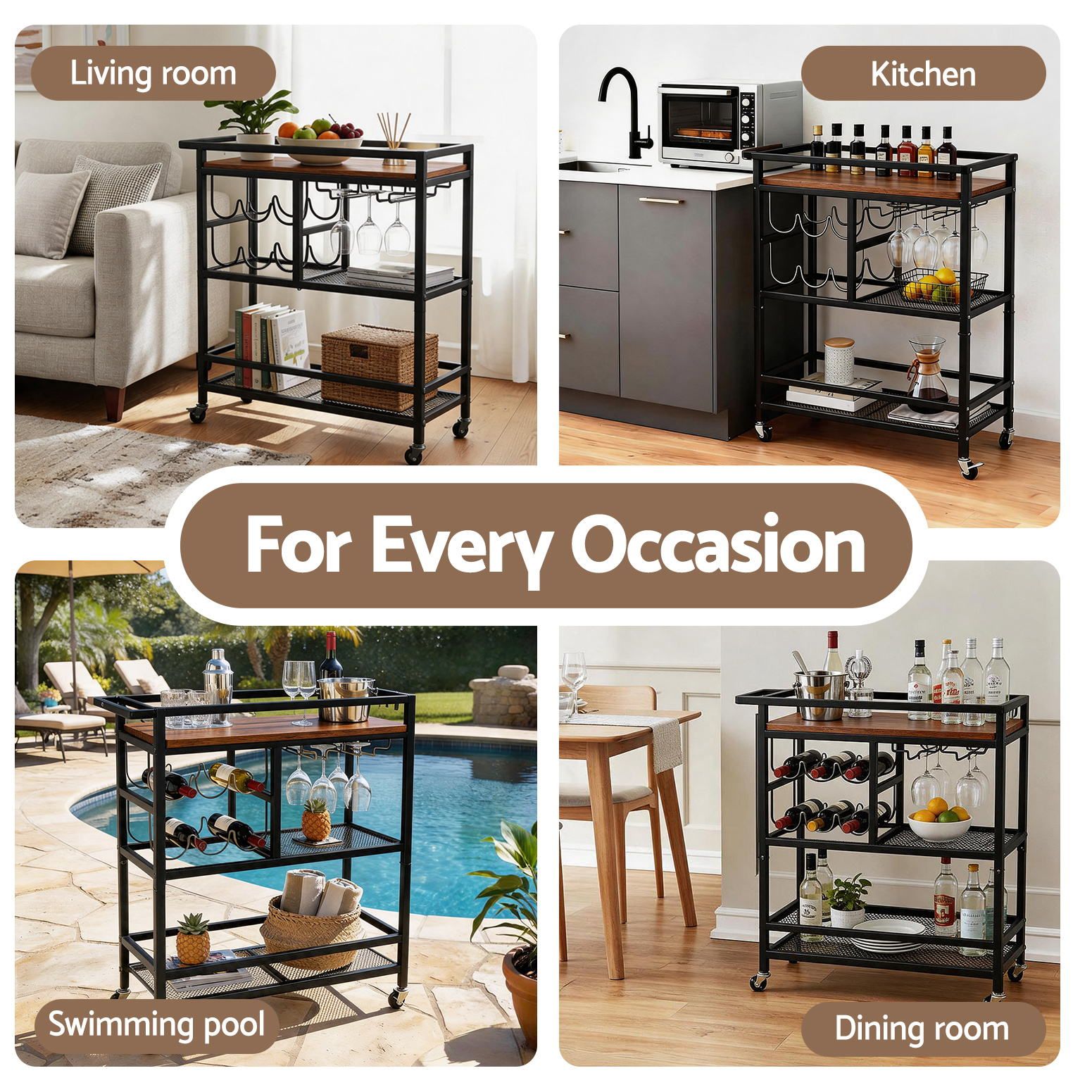 Artiss Bar Cart Drinks Trolley Serving Wine Rack Glass Holder 3 Hooks 72cm Black Awezingly