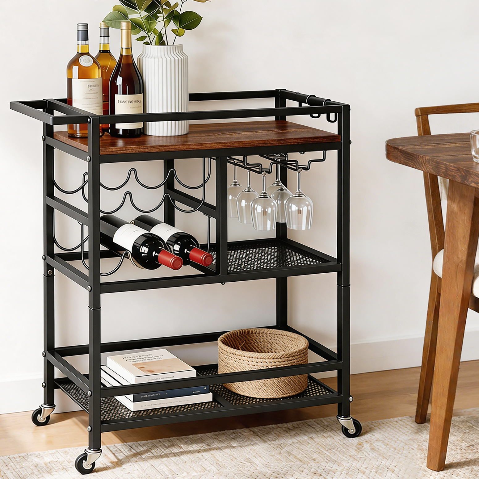 Artiss Bar Cart Drinks Trolley Serving Wine Rack Glass Holder 3 Hooks 72cm Black Awezingly