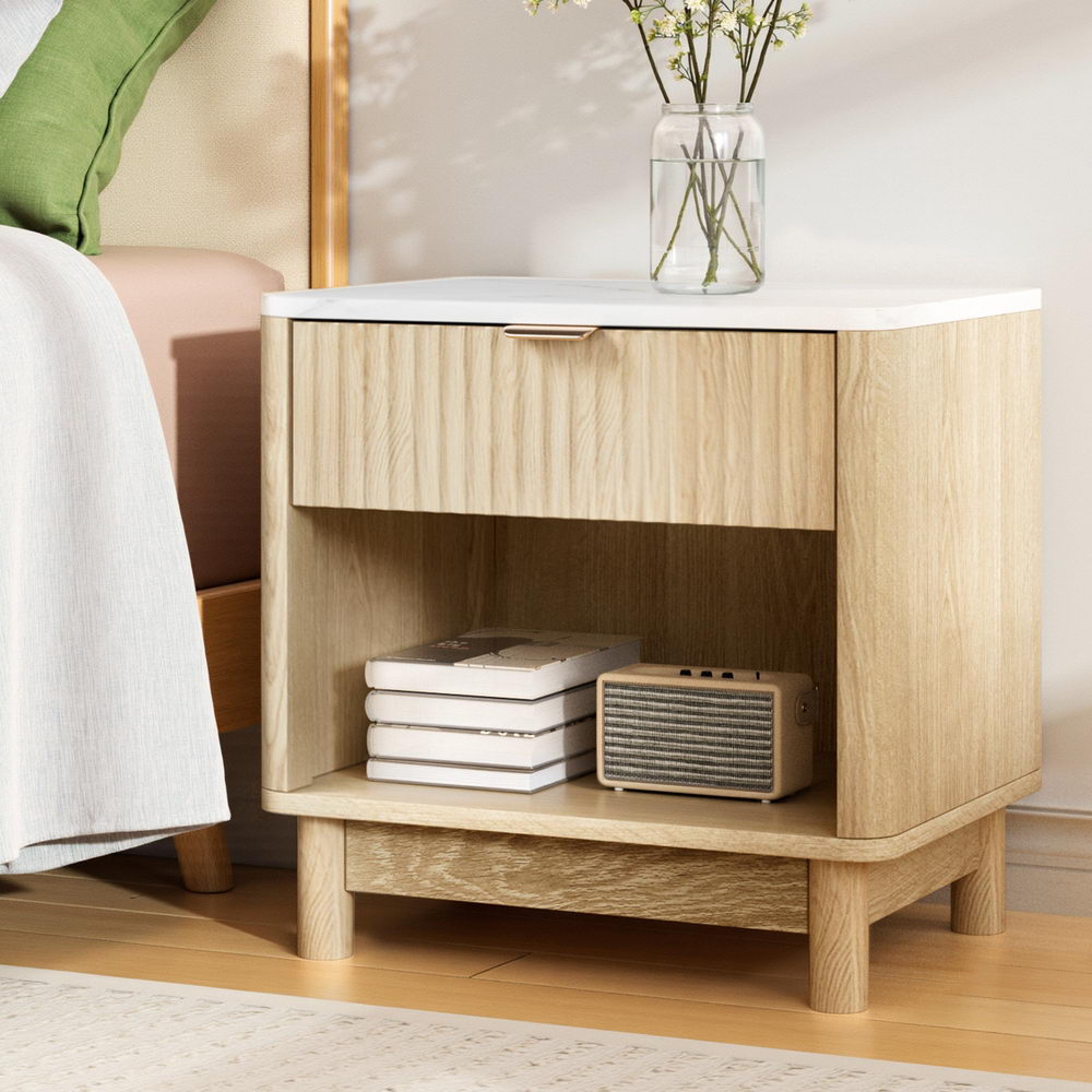Artiss Bedside Table Nightstand 1 Drawer Shelves Pine Awezingly