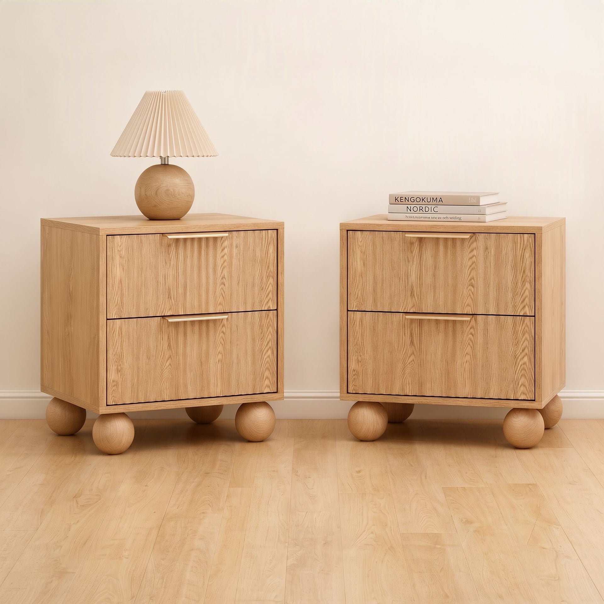 Artiss 2x Bedside Table Round Legs 2 Drawers Pine Awezingly