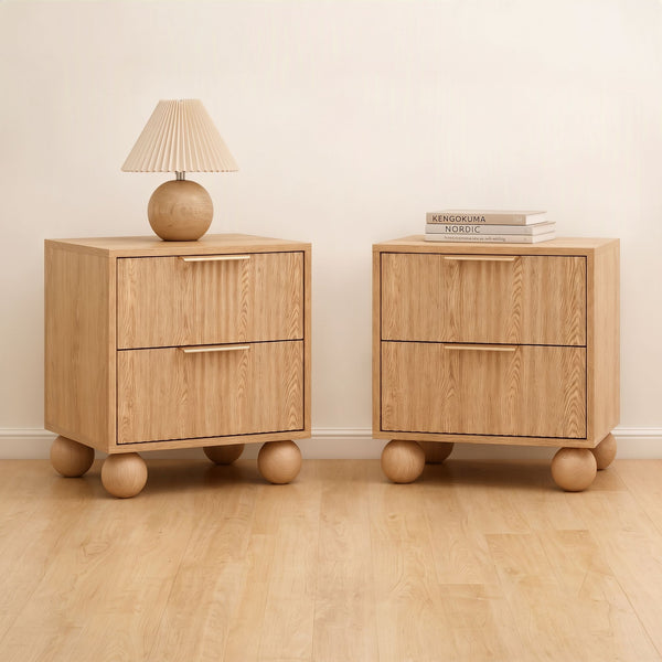 Artiss 2x Bedside Table Round Legs 2 Drawers Pine Awezingly