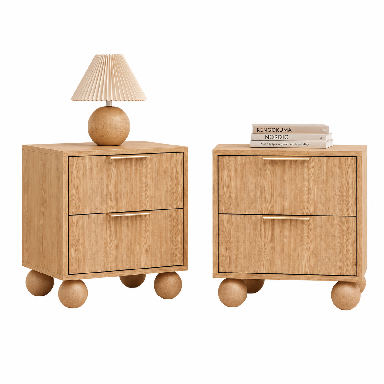 Artiss 2x Bedside Table Round Legs 2 Drawers Pine Awezingly