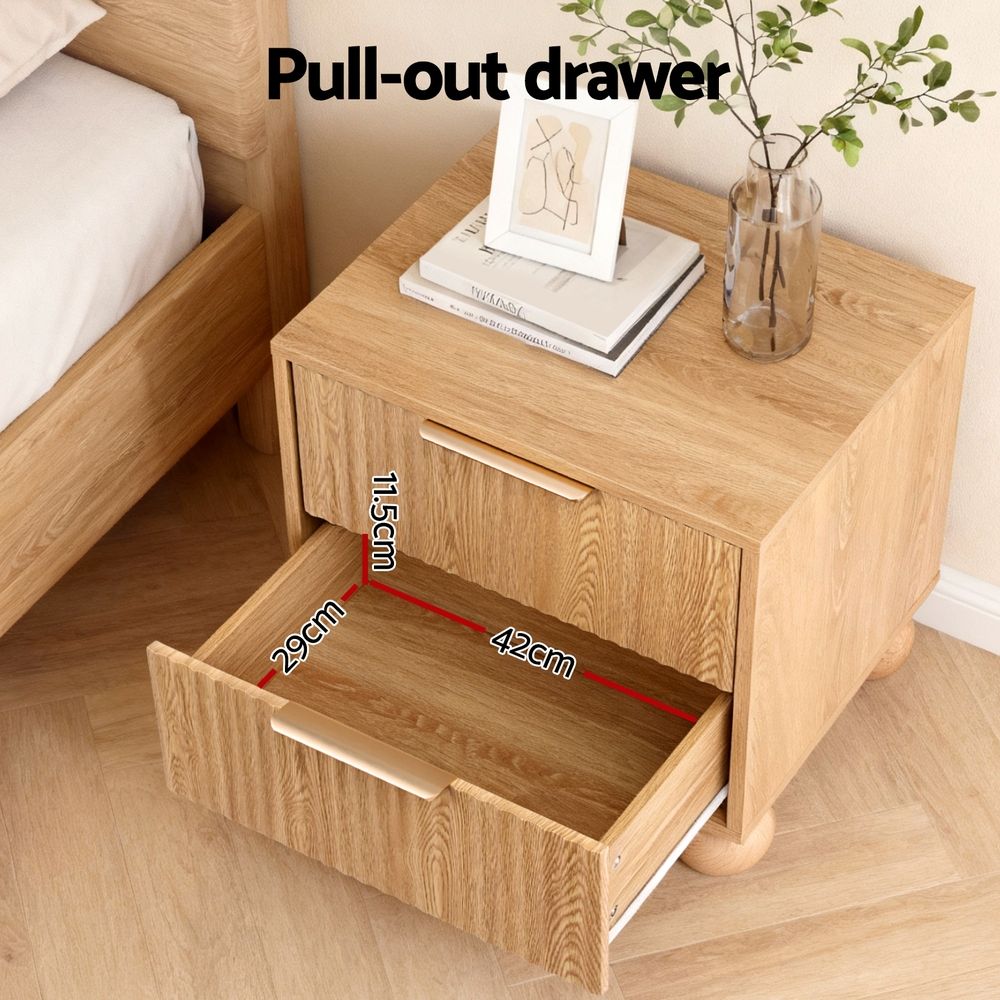 Artiss 2x Bedside Table Round Legs 2 Drawers Pine Awezingly