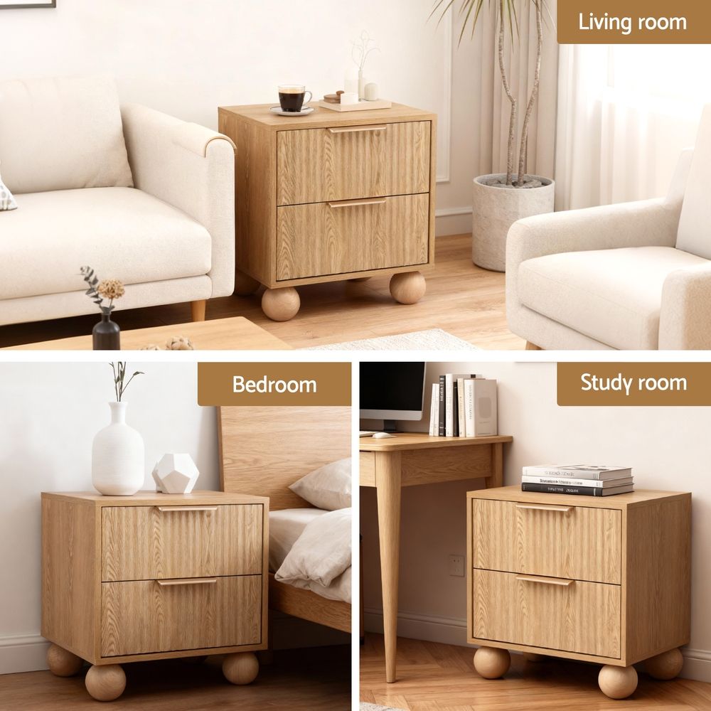 Artiss 2x Bedside Table Round Legs 2 Drawers Pine Awezingly