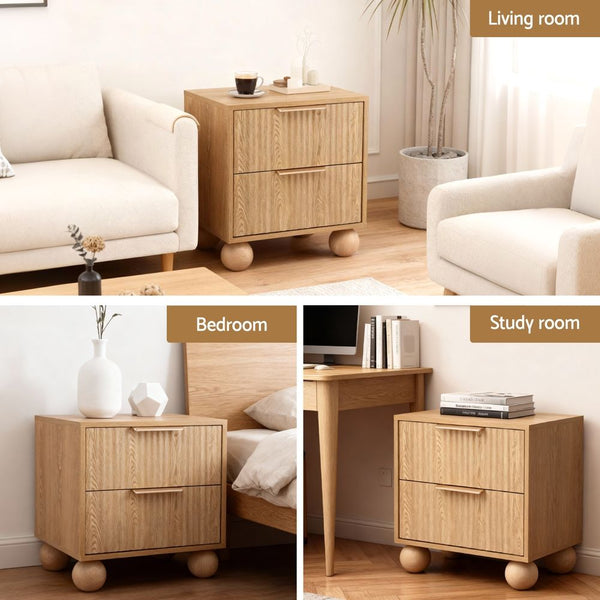 Artiss 2x Bedside Table Round Legs 2 Drawers Pine Awezingly
