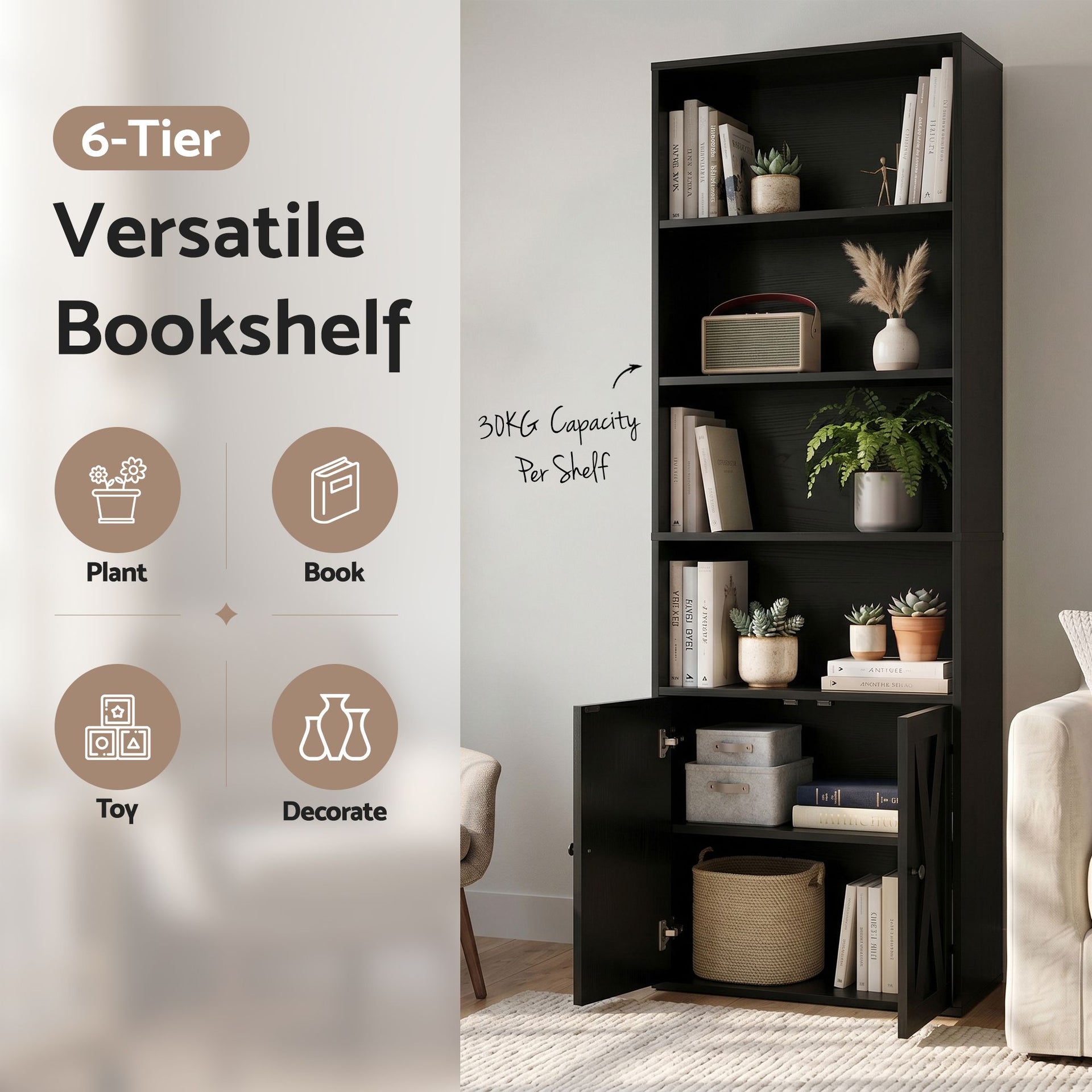 Artiss 6-Tier Bookshelf Display Cabinet Storage Black Awezingly