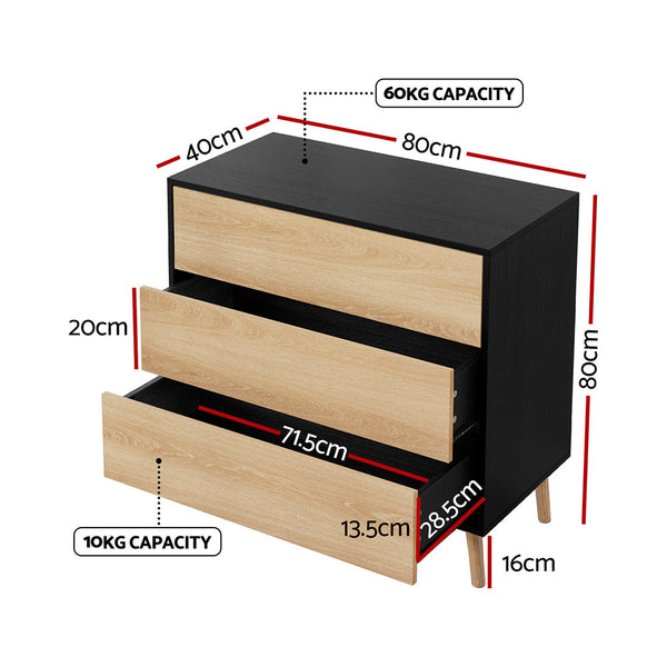 Artiss 3 Chest of Drawers Dresser Table Black&Pine Awezingly