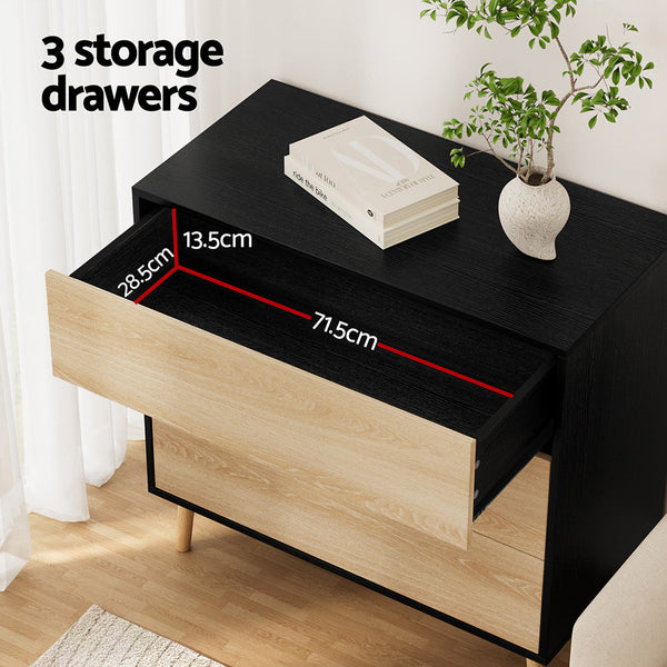 Artiss 3 Chest of Drawers Dresser Table Black&Pine Awezingly