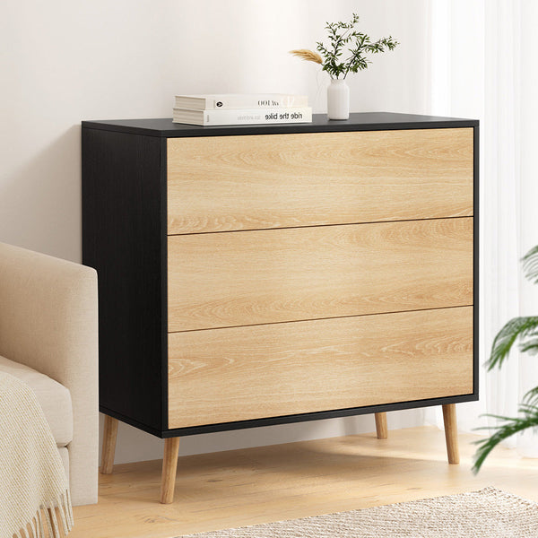 Artiss 3 Chest of Drawers Dresser Table Black&Pine Awezingly