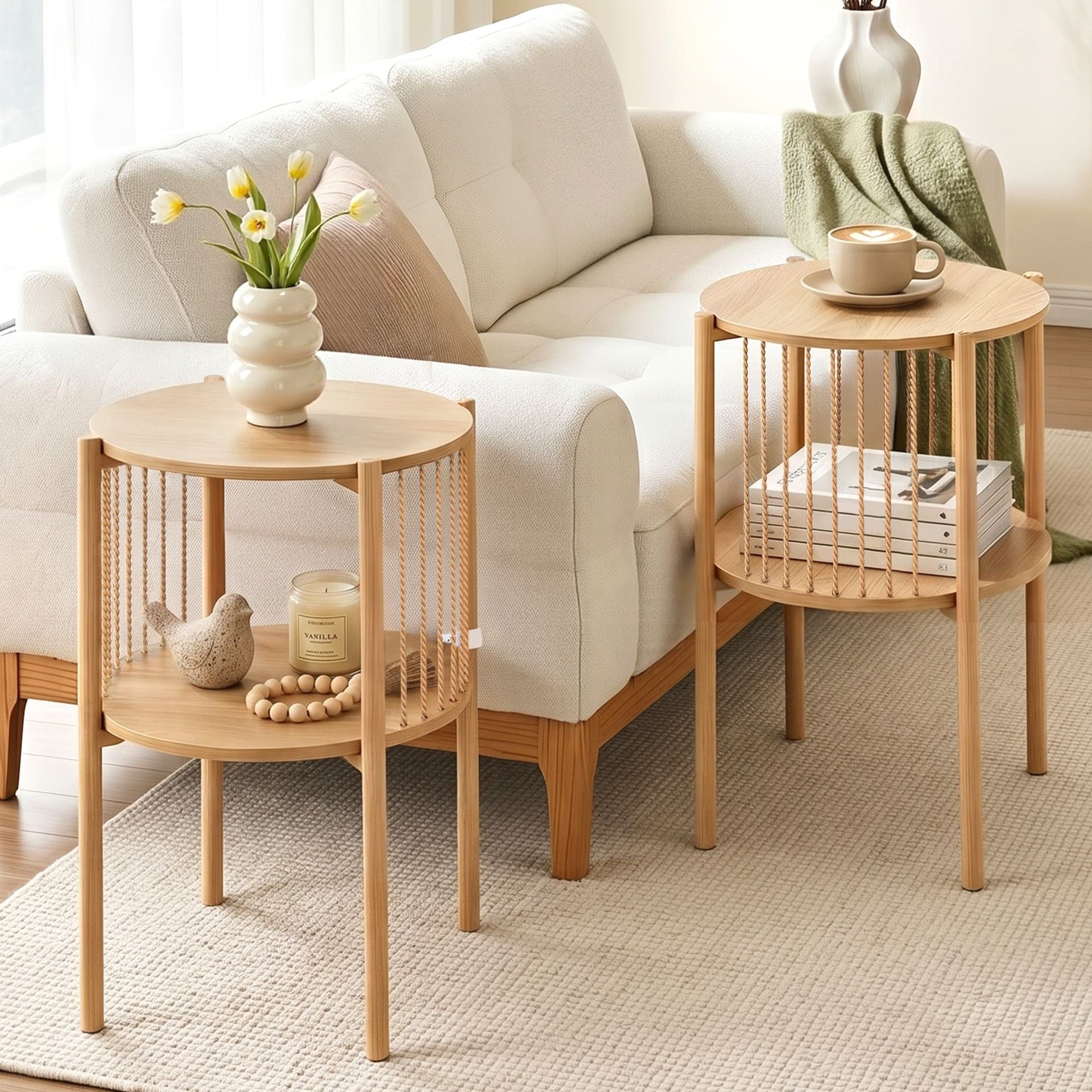 Artiss Set of 2 End Tables Coffee Table 2-Tier Round Wood Awezingly