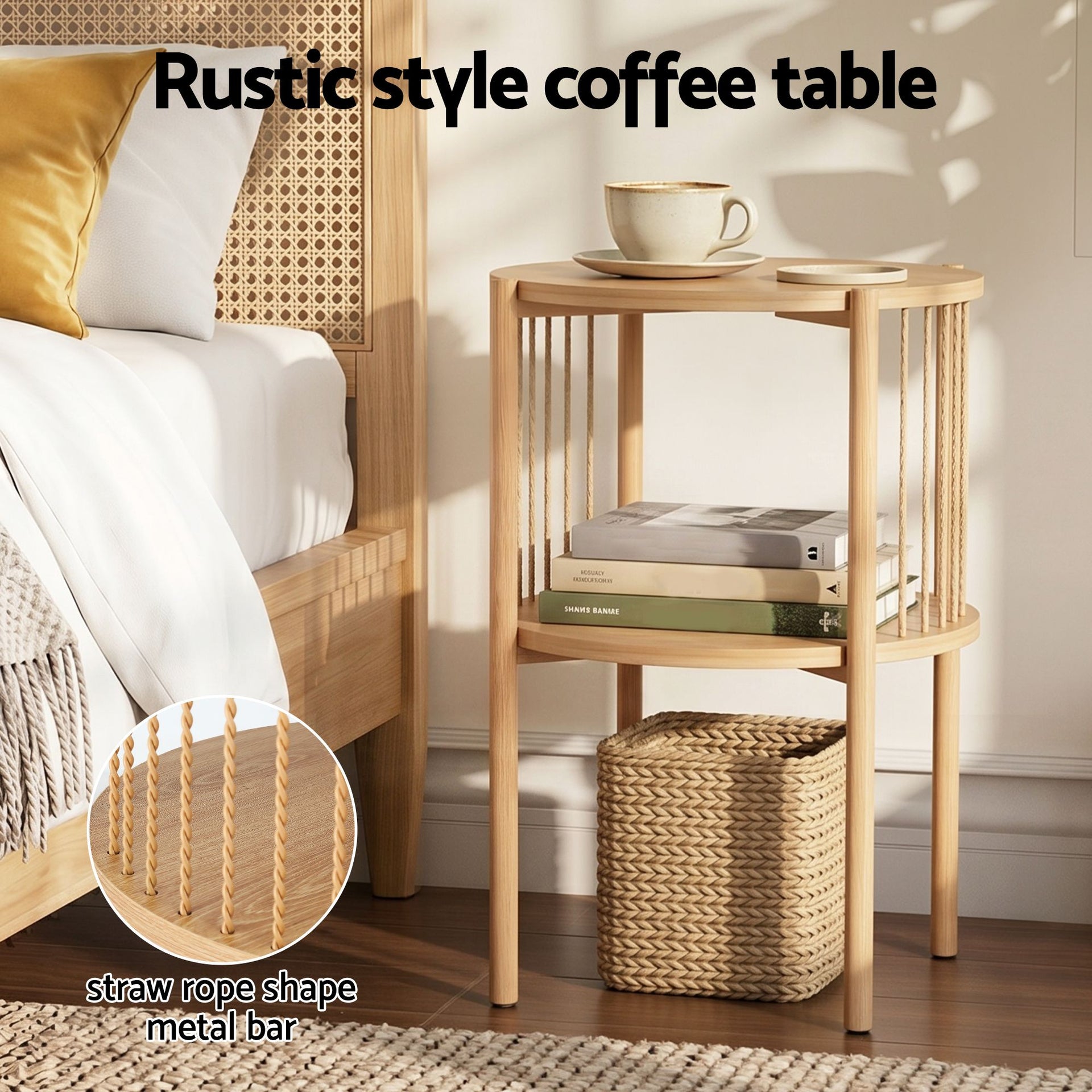 Artiss Set of 2 End Tables Coffee Table 2-Tier Round Wood Awezingly