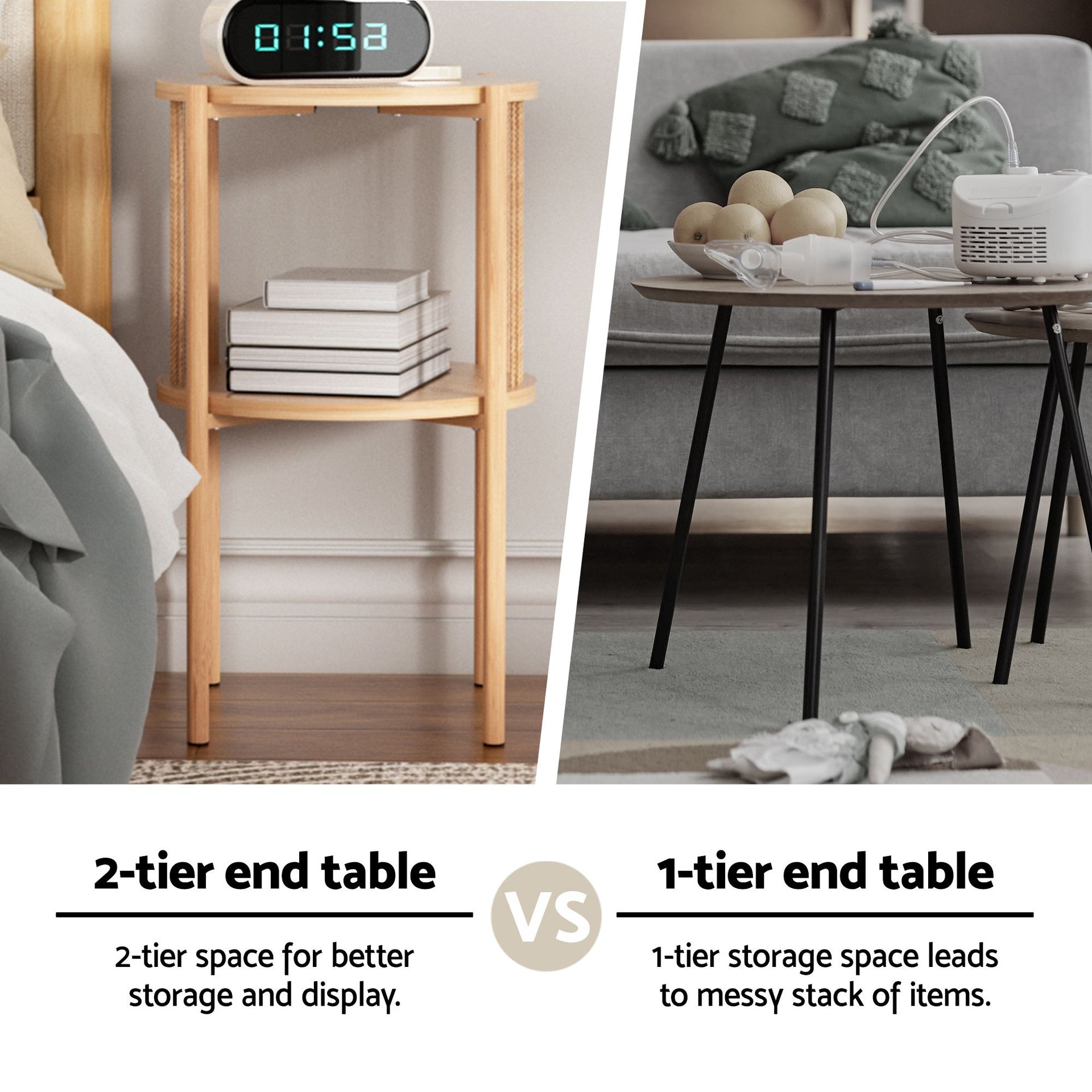 Artiss Set of 2 End Tables Coffee Table 2-Tier Round Wood Awezingly