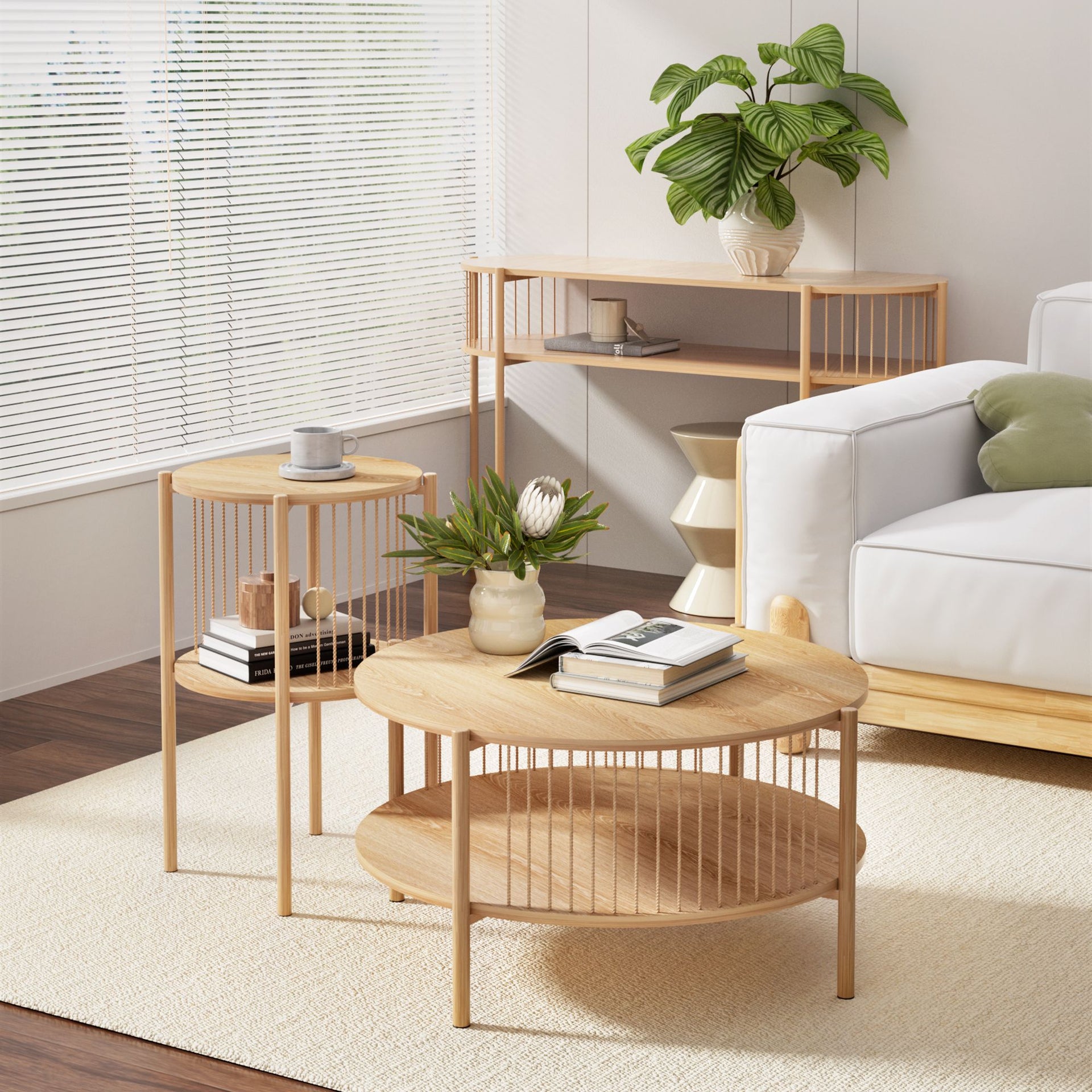 Artiss Set of 2 End Tables Coffee Table 2-Tier Round Wood Awezingly
