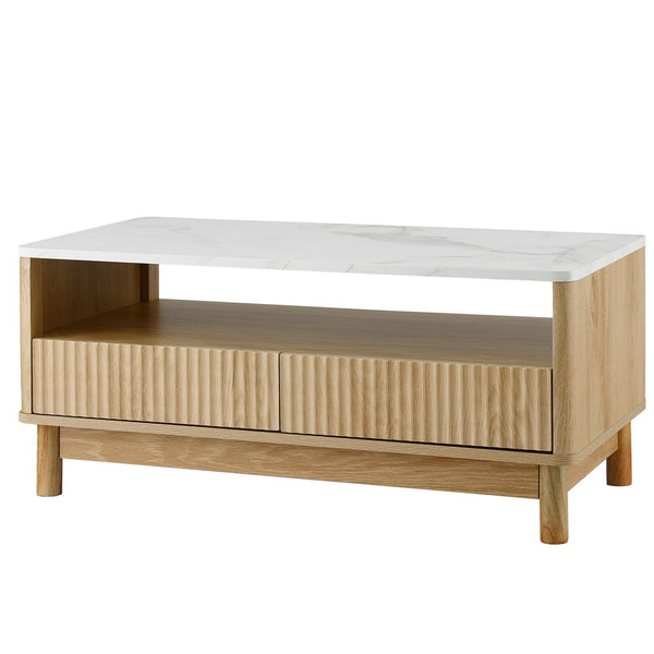 Artiss Coffee Table Drawer Shelf Marble Effect Wood&White Awezingly