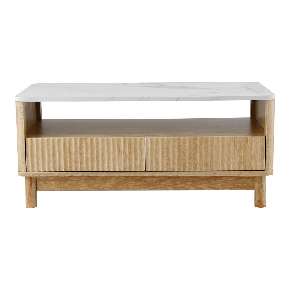 Artiss Coffee Table Drawer Shelf Marble Effect Wood&White Awezingly