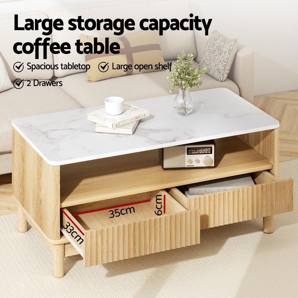 Artiss Coffee Table Drawer Shelf Marble Effect Wood&White Awezingly