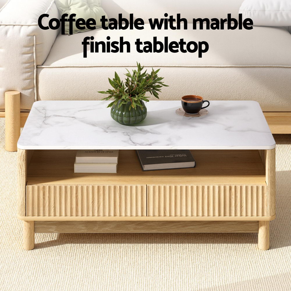 Artiss Coffee Table Drawer Shelf Marble Effect Wood&White Awezingly