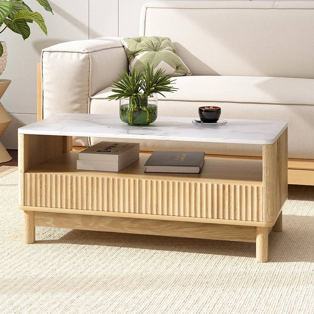 Artiss Coffee Table Drawer Shelf Marble Effect Wood&White Awezingly