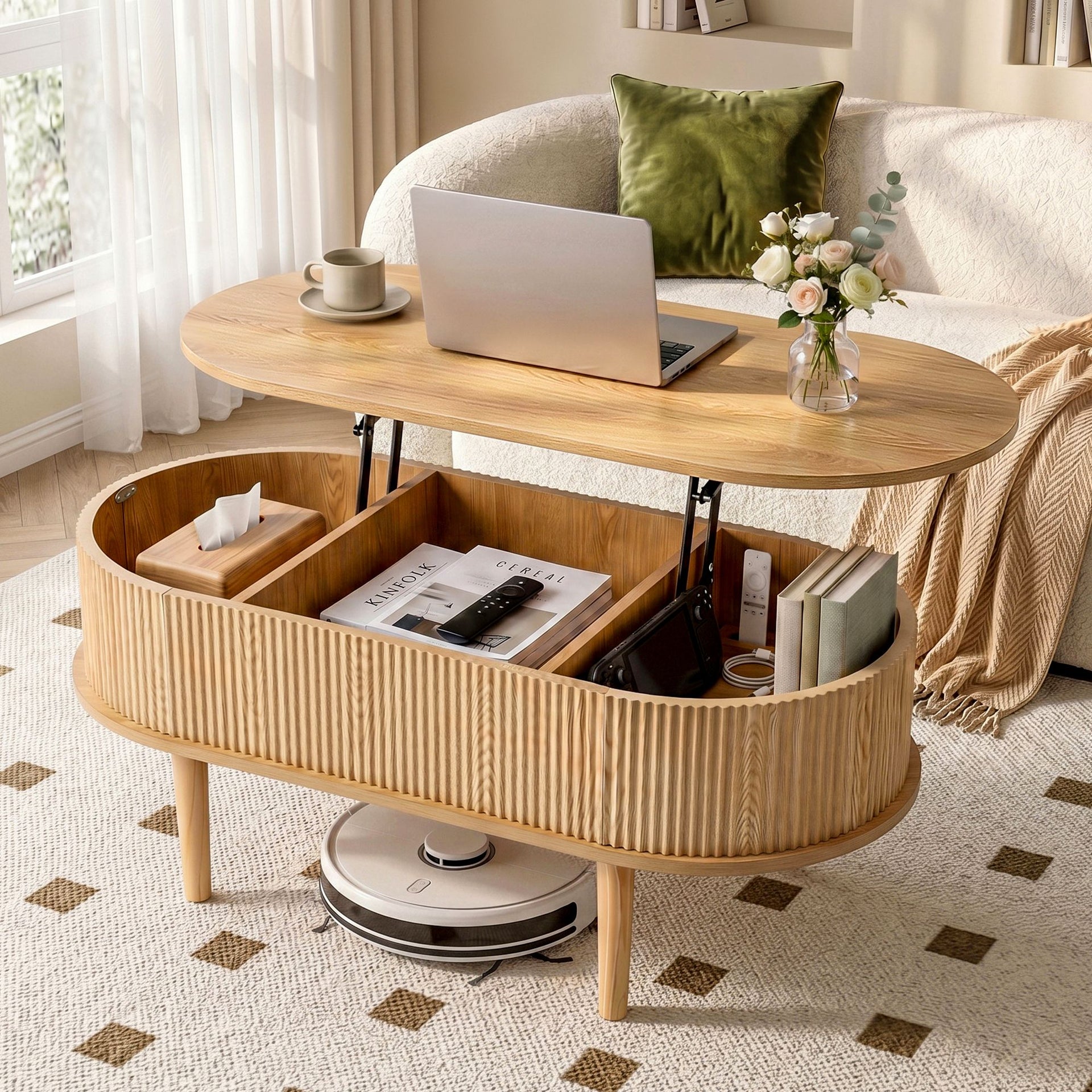 Artiss Lift Top Coffee Table Fluted Centre Table with Hidden Storage Oval 100cm Awezingly