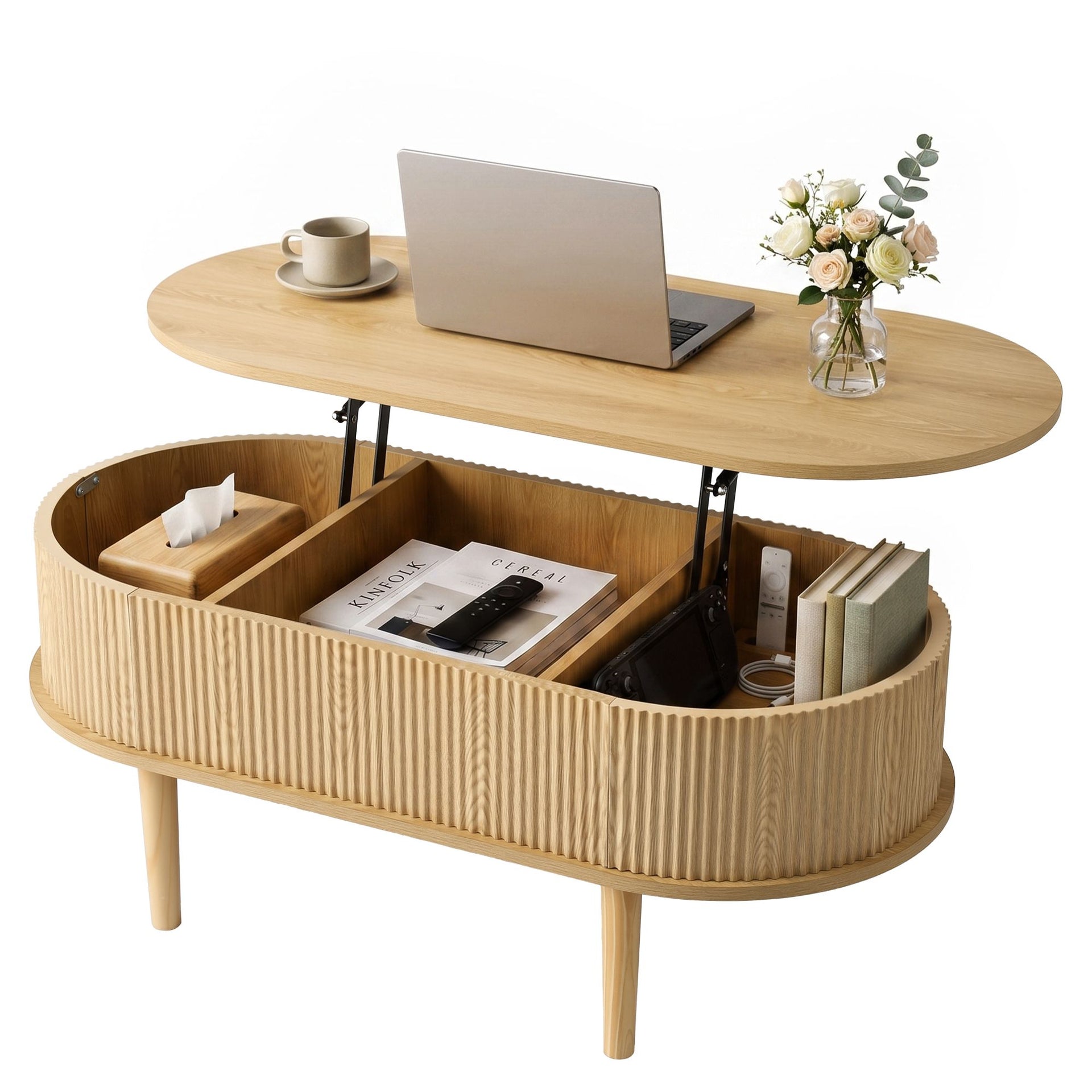 Artiss Lift Top Coffee Table Fluted Centre Table with Hidden Storage Oval 100cm Awezingly