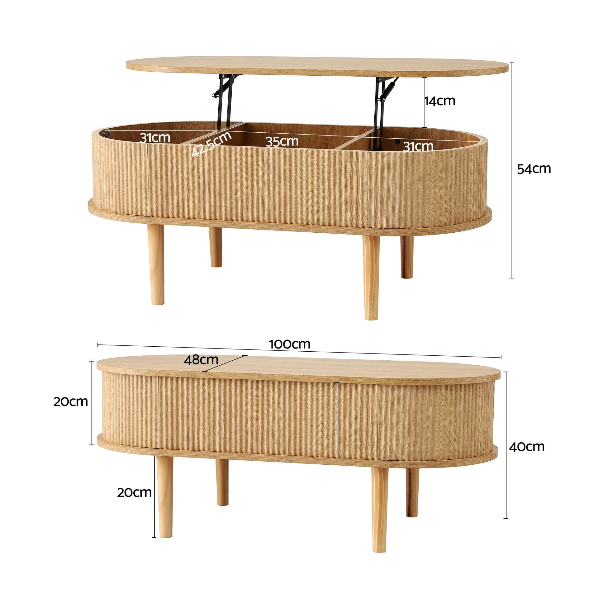 Artiss Lift Top Coffee Table Fluted Centre Table with Hidden Storage Oval 100cm Awezingly