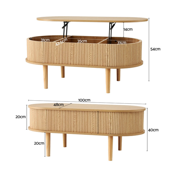 Artiss Lift Top Coffee Table Fluted Centre Table with Hidden Storage Oval 100cm Awezingly