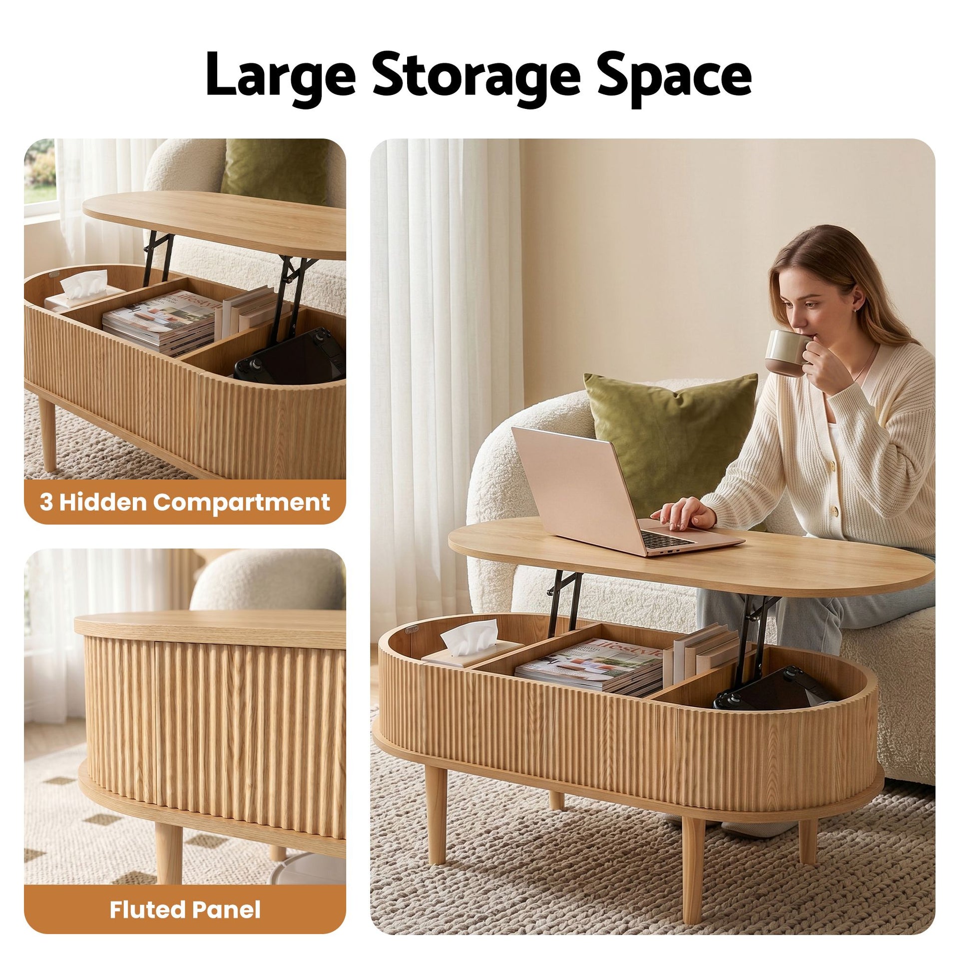 Artiss Lift Top Coffee Table Fluted Centre Table with Hidden Storage Oval 100cm Awezingly