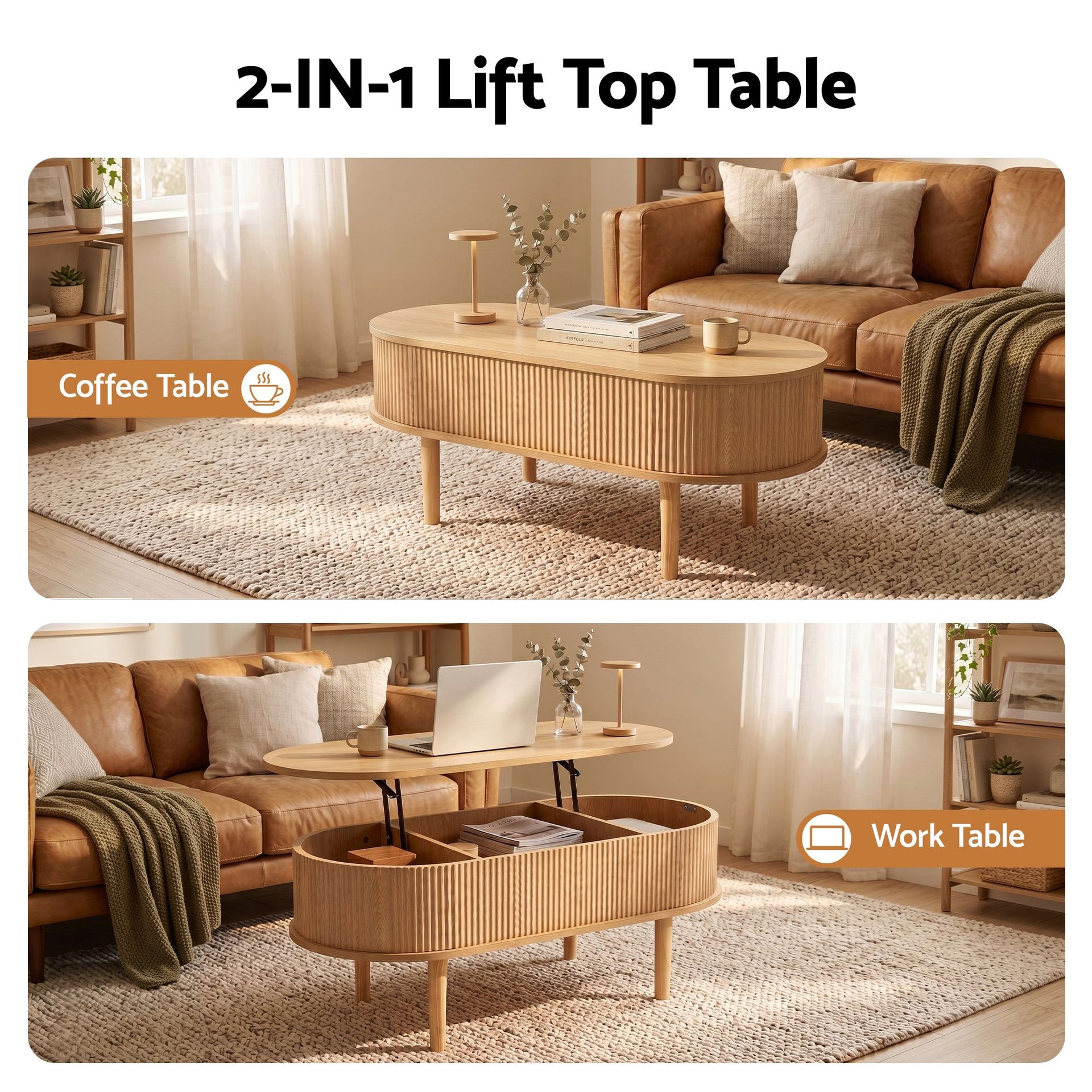 Artiss Lift Top Coffee Table Fluted Centre Table with Hidden Storage Oval 100cm Awezingly