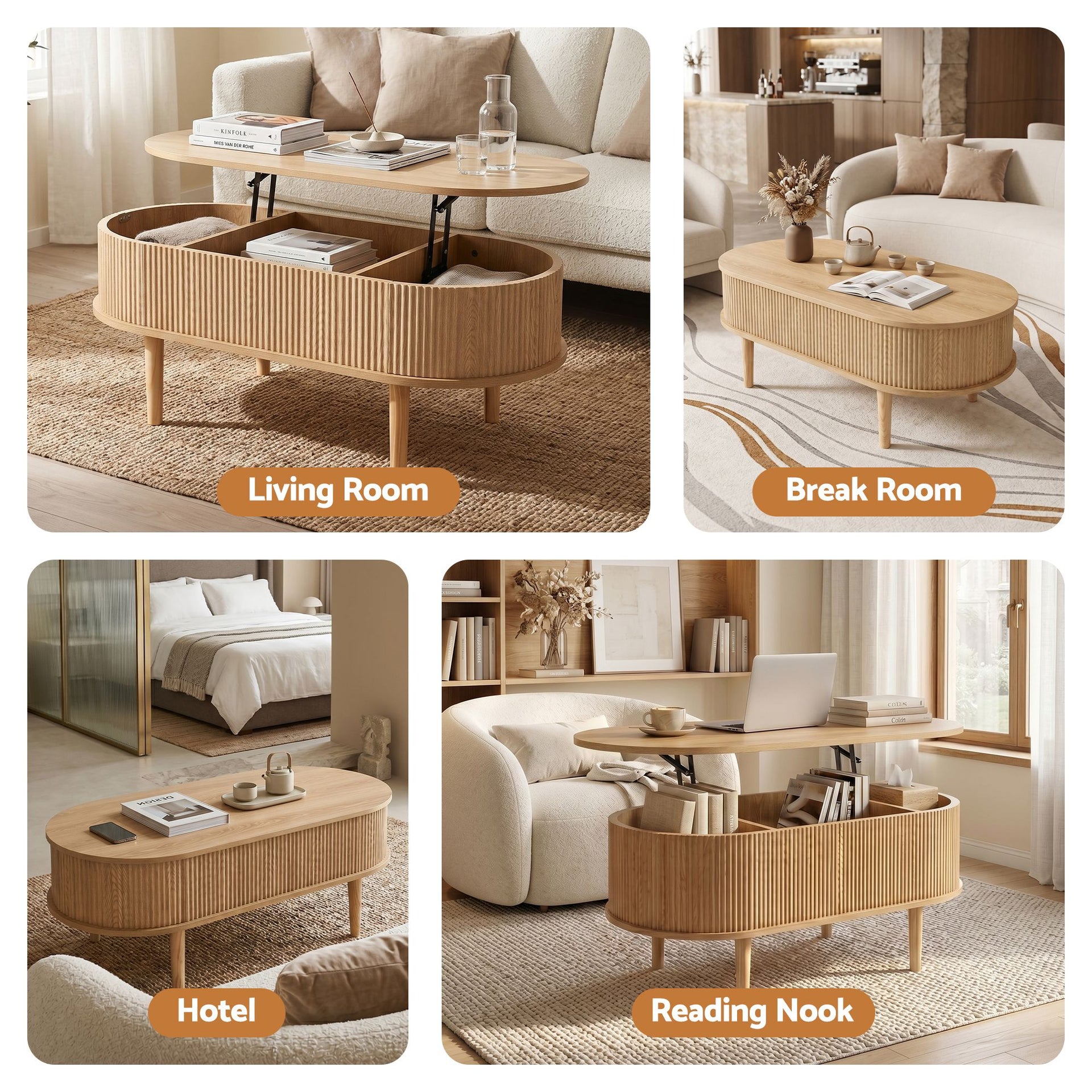 Artiss Lift Top Coffee Table Fluted Centre Table with Hidden Storage Oval 100cm Awezingly