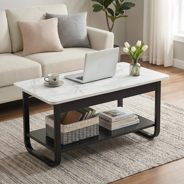 Artiss Coffee Table 2-Tier 80CM Marble Finish Shelf Black&White Artiss