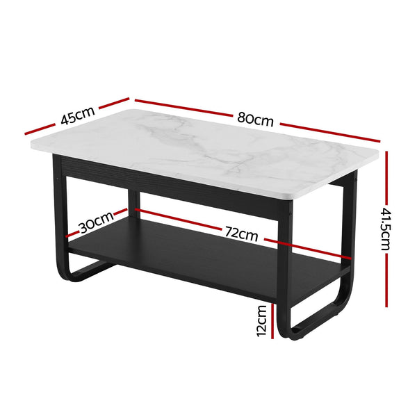 Artiss Coffee Table 2-Tier 80CM Marble Finish Shelf Black&White Artiss