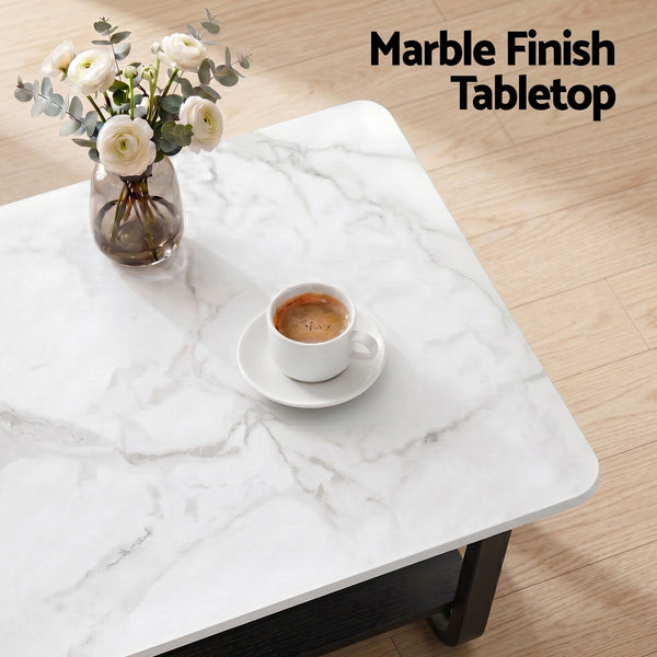 Artiss Coffee Table 2-Tier 80CM Marble Finish Shelf Black&White Artiss