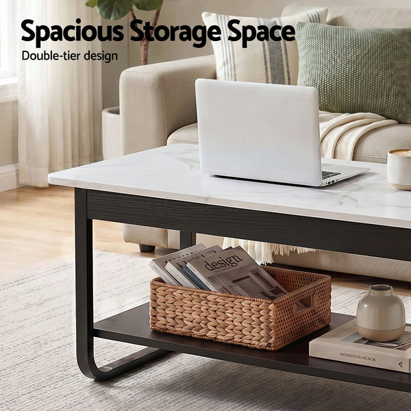 Artiss Coffee Table 2-Tier 80CM Marble Finish Shelf Black&White Artiss