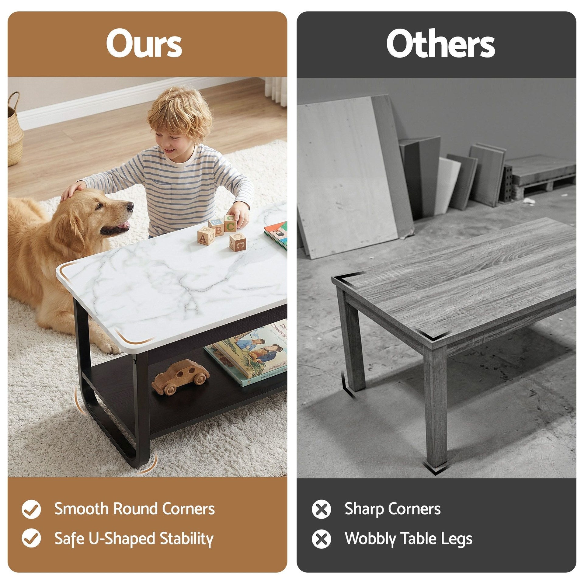 Artiss Coffee Table 2-Tier 80CM Marble Finish Shelf Black&White Artiss
