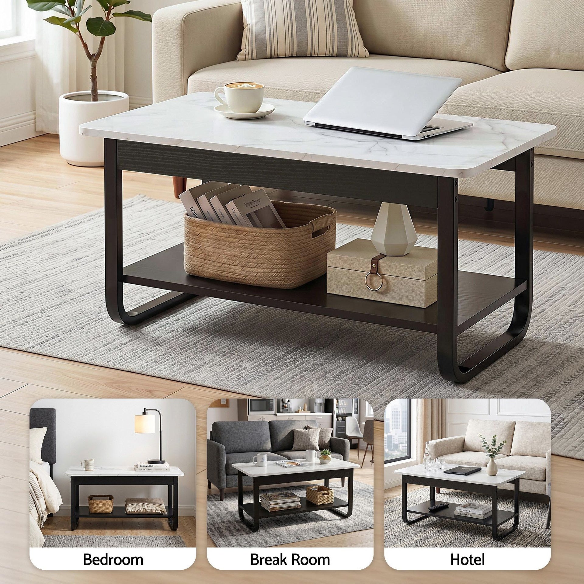 Artiss Coffee Table 2-Tier 80CM Marble Finish Shelf Black&White Artiss