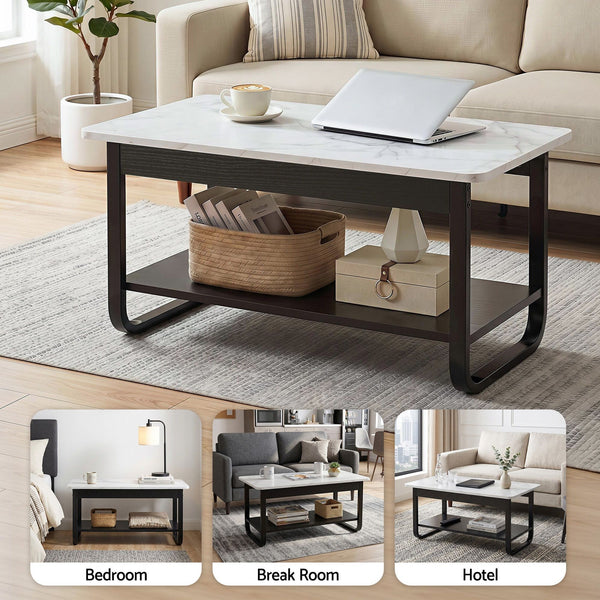 Artiss Coffee Table 2-Tier 80CM Marble Finish Shelf Black&White Artiss