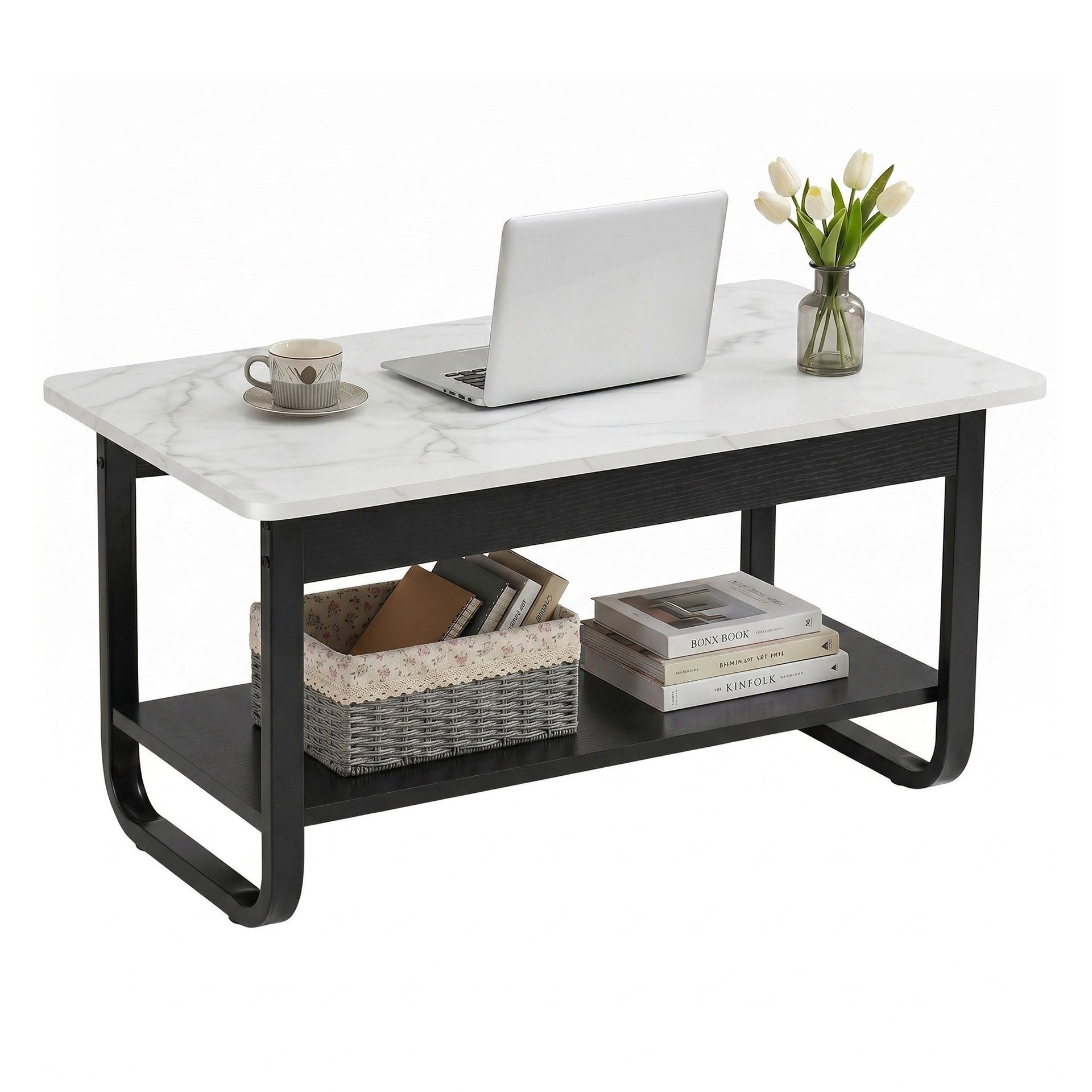 Artiss Coffee Table 2-Tier 80CM Marble Finish Shelf Black&White Artiss