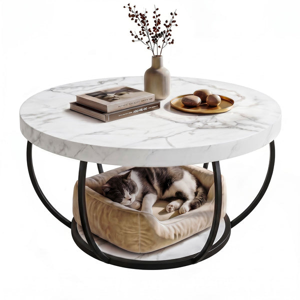 Artiss Coffee Table 2-Tier Marble Finish Round White&Black Artiss