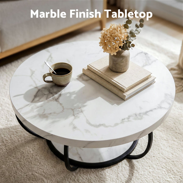Artiss Coffee Table 2-Tier Marble Finish Round White&Black Artiss