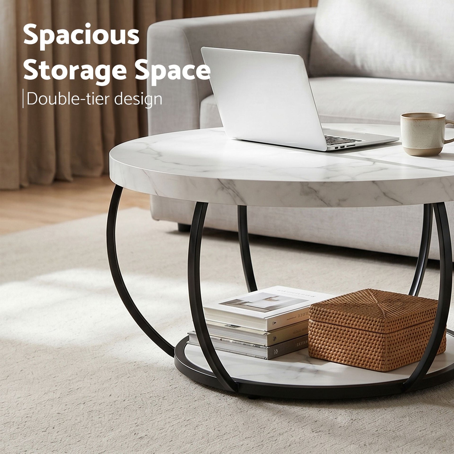 Artiss Coffee Table 2-Tier Marble Finish Round White&Black Artiss