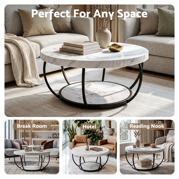 Artiss Coffee Table 2-Tier Marble Finish Round White&Black Artiss