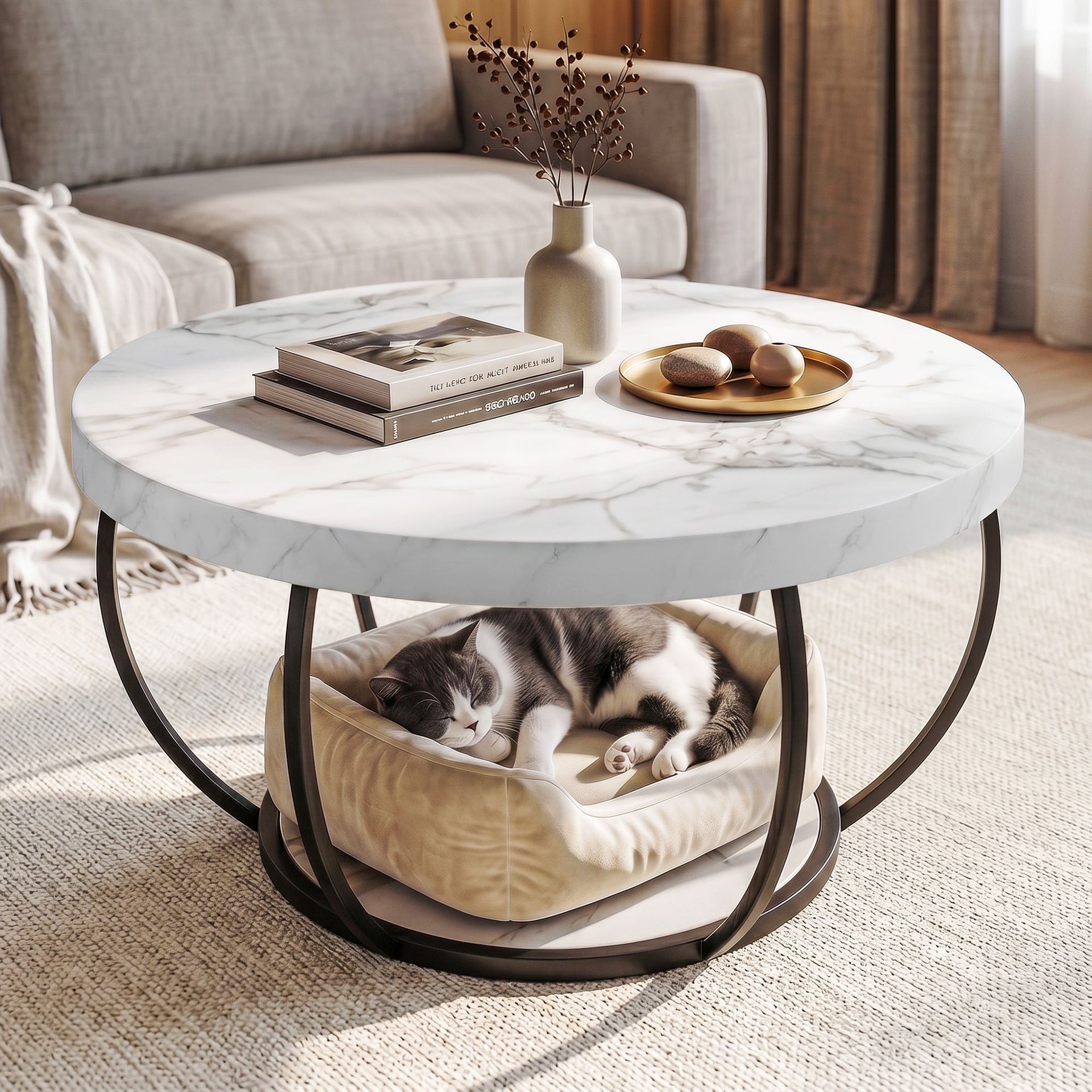 Artiss Coffee Table 2-Tier Marble Finish Round White&Black Artiss