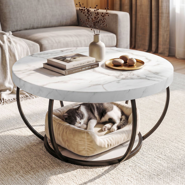 Artiss Coffee Table 2-Tier Marble Finish Round White&Black Artiss