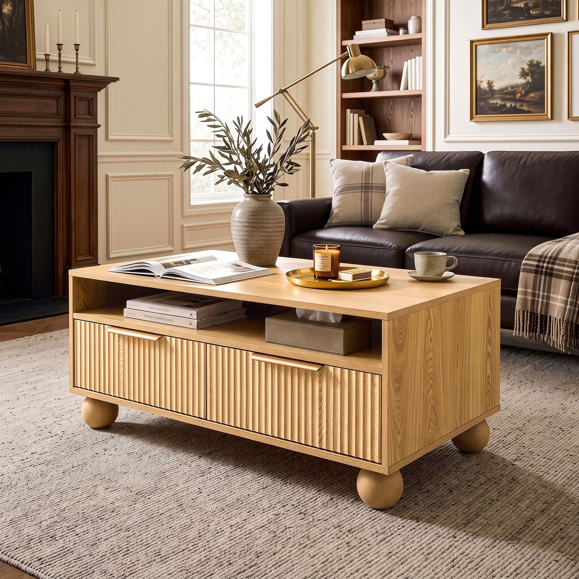 Artiss Coffee Table 90cm Center Table Fluted Drawers Open Shelf Spherical Solid Legs Wood Awezingly