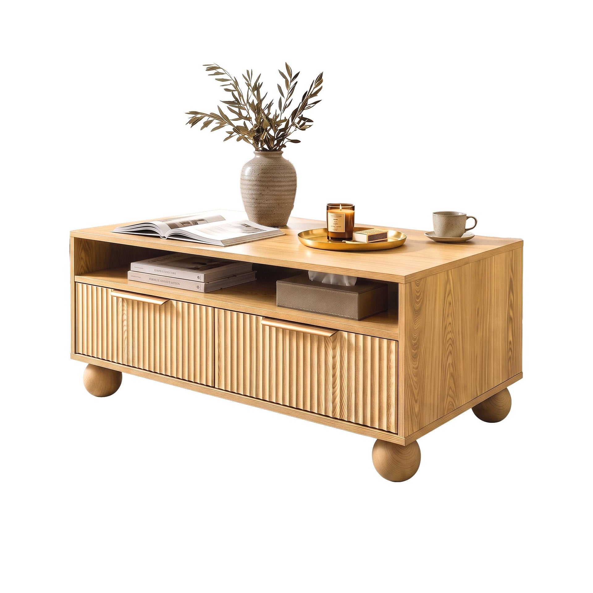 Artiss Coffee Table 90cm Center Table Fluted Drawers Open Shelf Spherical Solid Legs Wood Awezingly