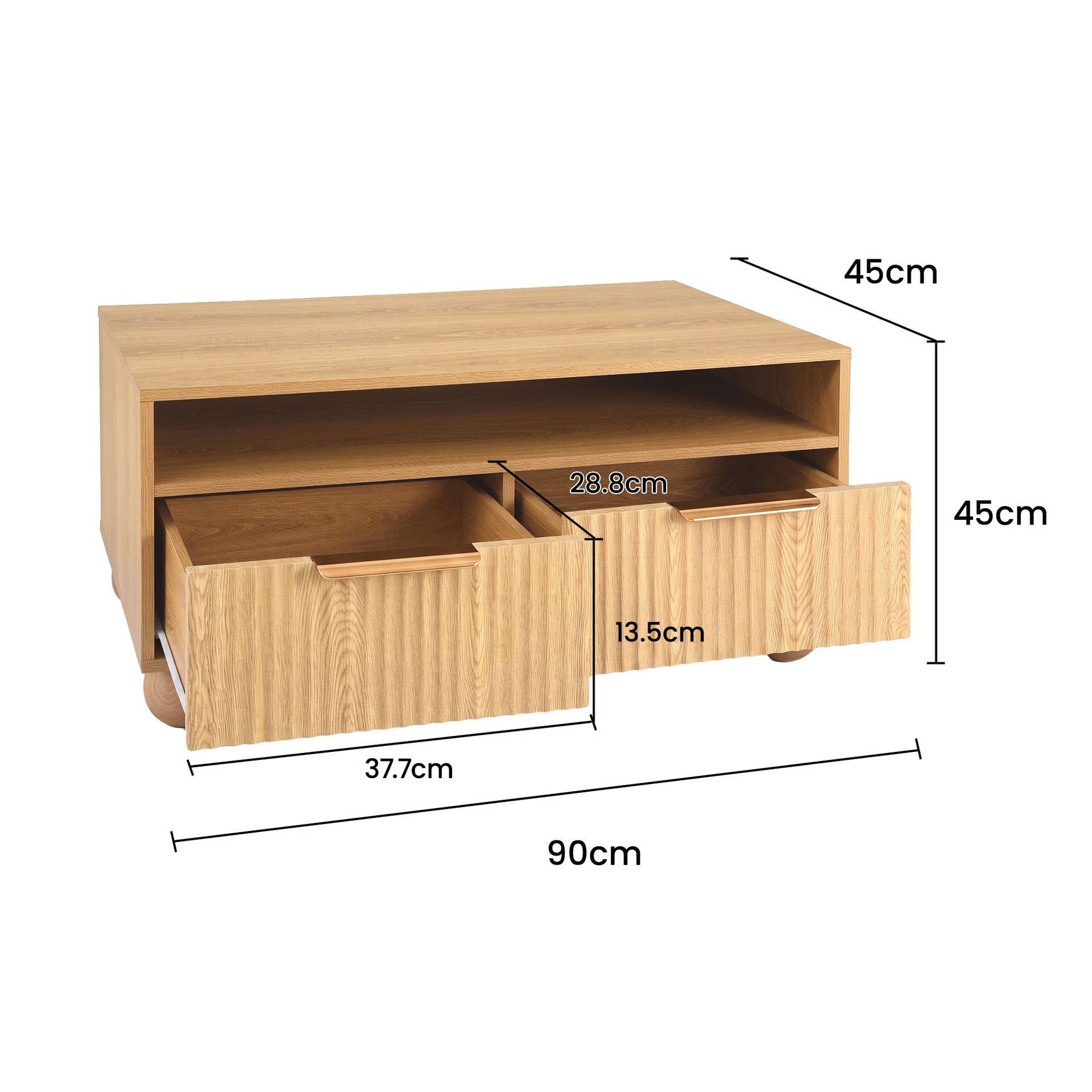 Artiss Coffee Table 90cm Center Table Fluted Drawers Open Shelf Spherical Solid Legs Wood Awezingly