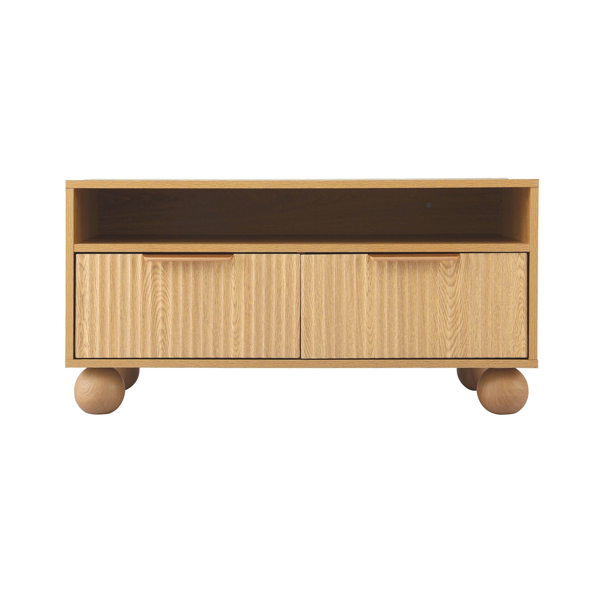 Artiss Coffee Table 90cm Center Table Fluted Drawers Open Shelf Spherical Solid Legs Wood Awezingly