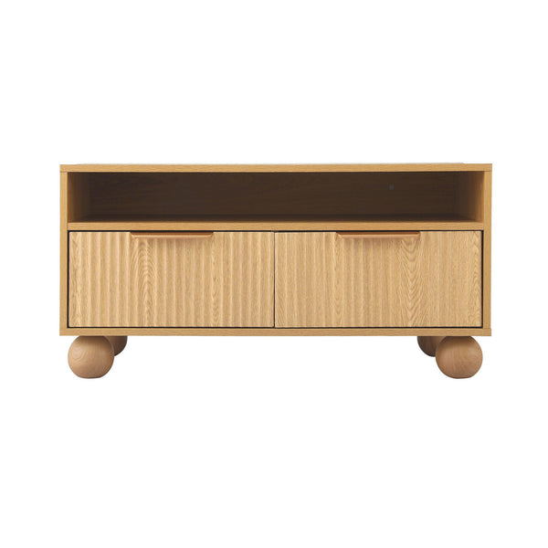 Artiss Coffee Table 90cm Center Table Fluted Drawers Open Shelf Spherical Solid Legs Wood Awezingly