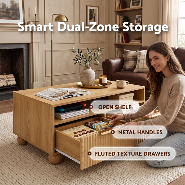 Artiss Coffee Table 90cm Center Table Fluted Drawers Open Shelf Spherical Solid Legs Wood Awezingly
