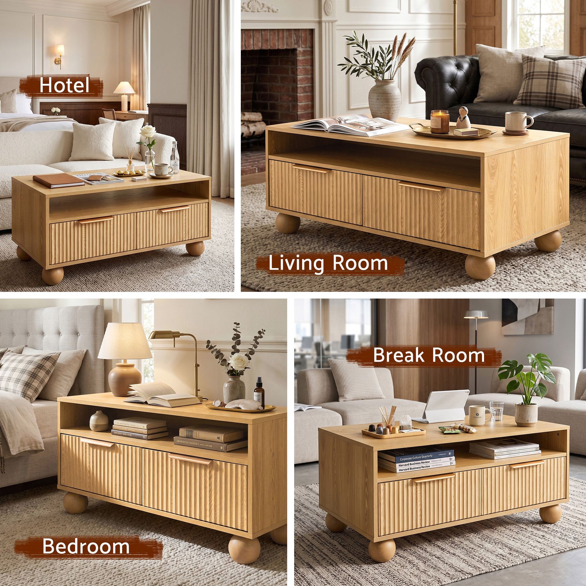 Artiss Coffee Table 90cm Center Table Fluted Drawers Open Shelf Spherical Solid Legs Wood Awezingly